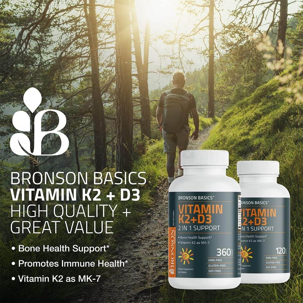 Bronson Basics Vitamin K2 D3 (MK7) Supplement 5000IU (125 mcg) Vitamin D3 & 90 mcg 120 Tablets   