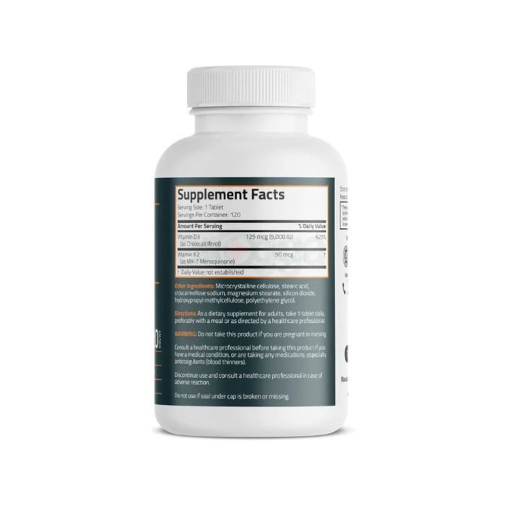 Bronson Basics Vitamin K2 D3 (MK7) Supplement 5000IU (125 mcg) Vitamin D3 & 90 mcg 120 Tablets   