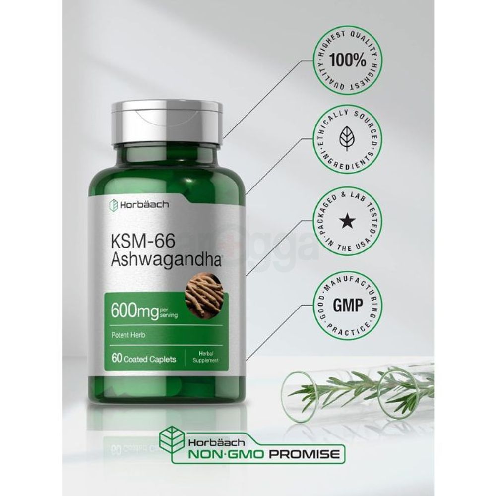 Horbaach KSM-66 Ashwagandha 600mg with L-Theanine 60 Caplets  