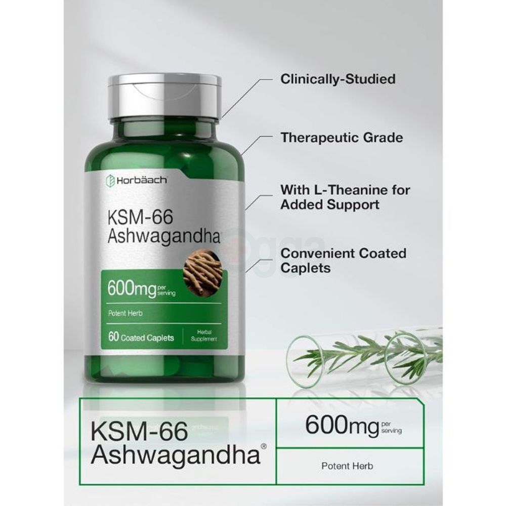 Horbaach KSM-66 Ashwagandha 600mg with L-Theanine 60 Caplets  