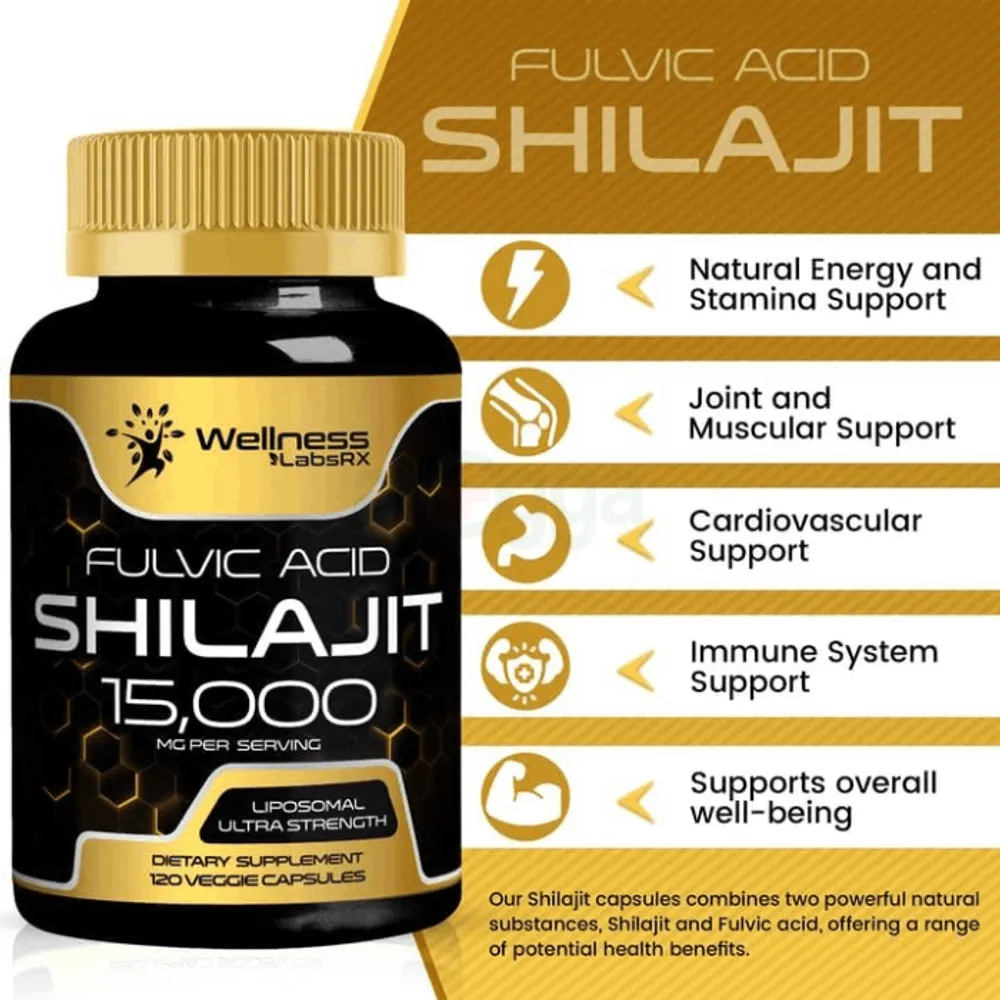 Shilajit Pure Himalayan Organic Capsules 120 Count - 15,000mg - Shilajit Supplement  