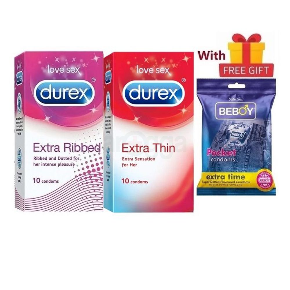 Durex Playful Combo = 23Pcs Condom + Durex Extra Thin 10s + Durex Extra Ribbed 10s + Beboy Extra Time Paan 3s + Free Gift  