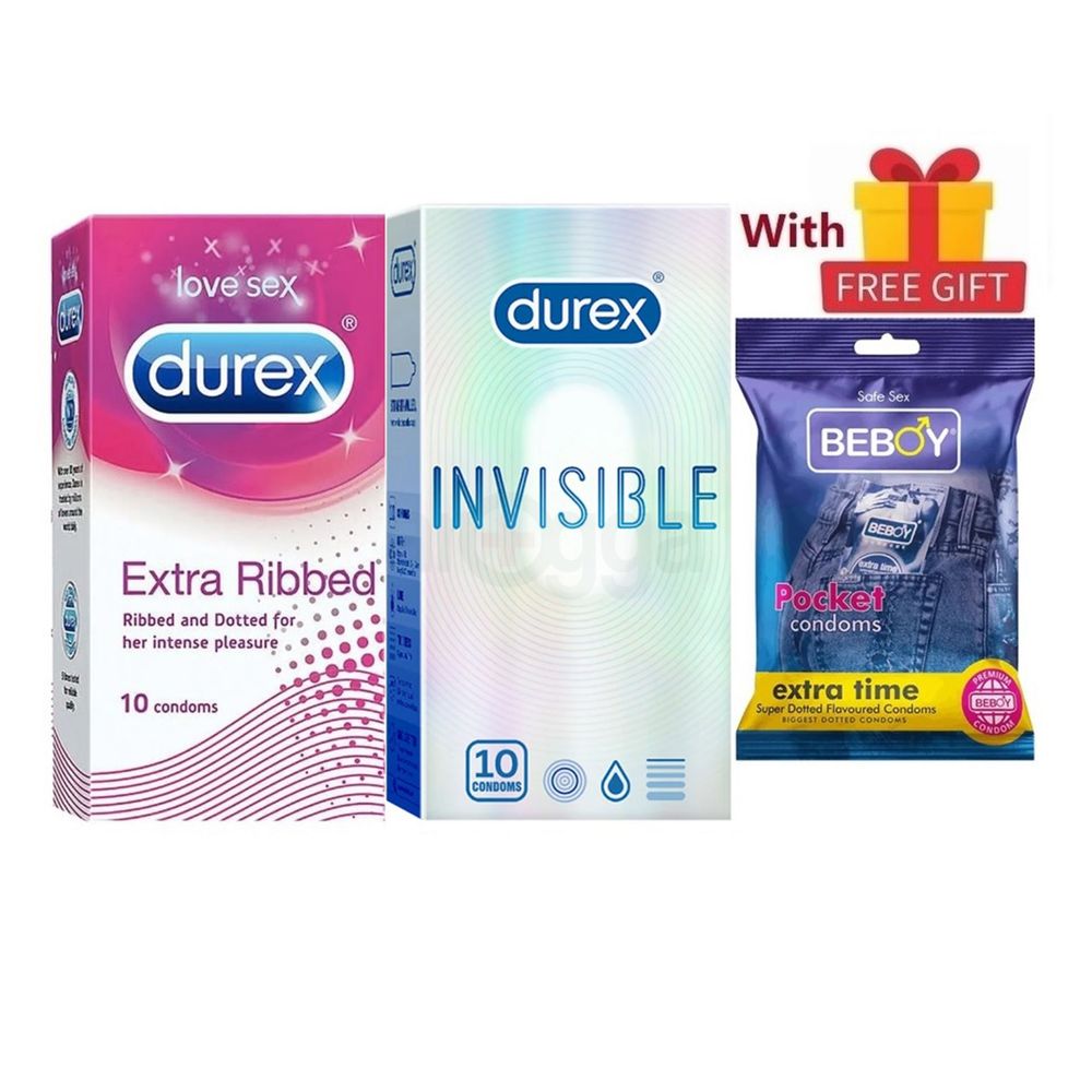 Durex Invisi Sense Combo = 23Pcs Condom + Durex Extra Ribbed 10s + Durex Invisible 10s + Beboy Extra Time Paan 3s + Free Gift  