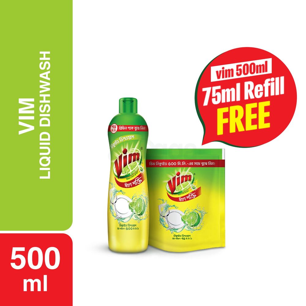 Vim Liquid Dishwash 500ml (Vim Liquid Refill 75ml Free)  