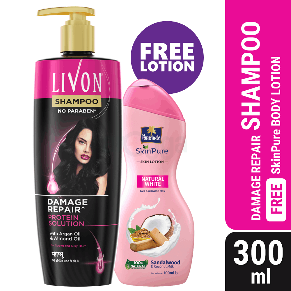 Livon Damage Repair Protein Shampoo 300ml (FREE Parachute SkinPure Skin Lotion Natural White 100ml)  