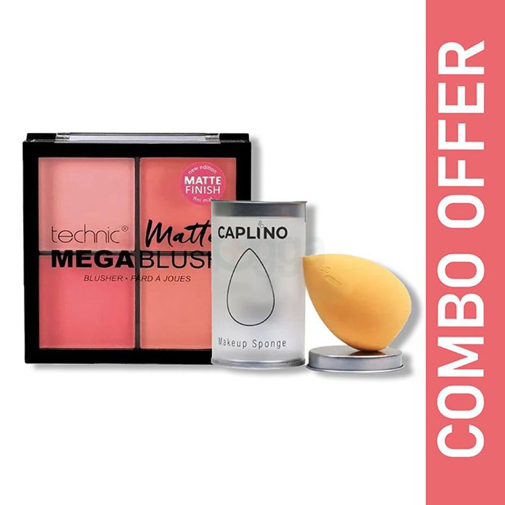 Technic Matte Mega Blush 4 Palette Blusher and Caplino Beauty makeup Sponge Yellow 1Pc  