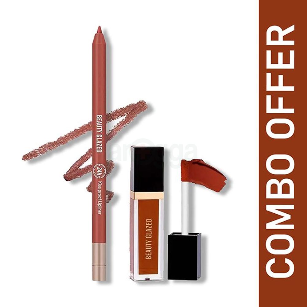 Beauty Glazed Waterproof & Long Lasting Lip Liner Mocha Brown B104 (0.6g) and Beauty Glazed Matte Liquid Lipstick Dark Brown 118 (2.8g)  