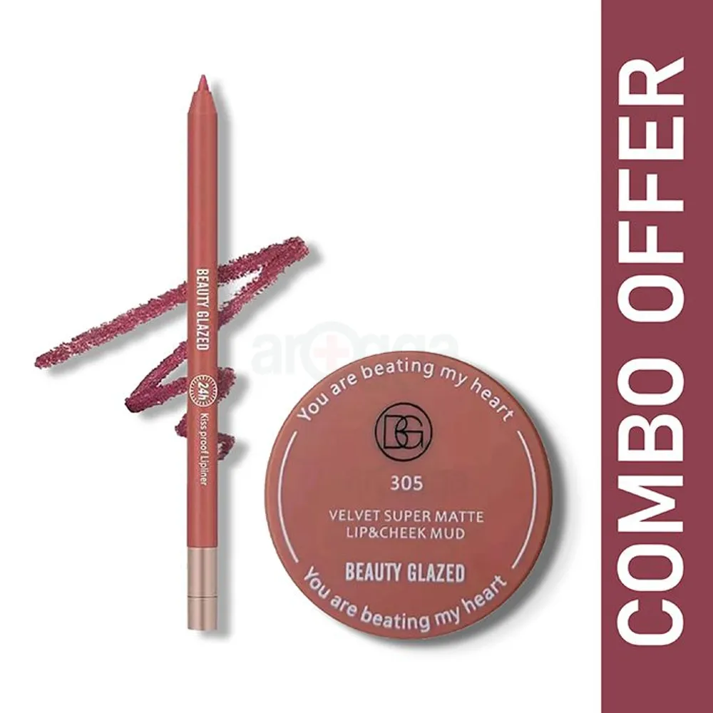 Beauty Glazed Velvet Super Matte Lip & Cheek Mud 305 (2.5g) and Beauty Glazed Waterproof & Long Lasting Lip Liner Rose Dust B106 (0.6g)  