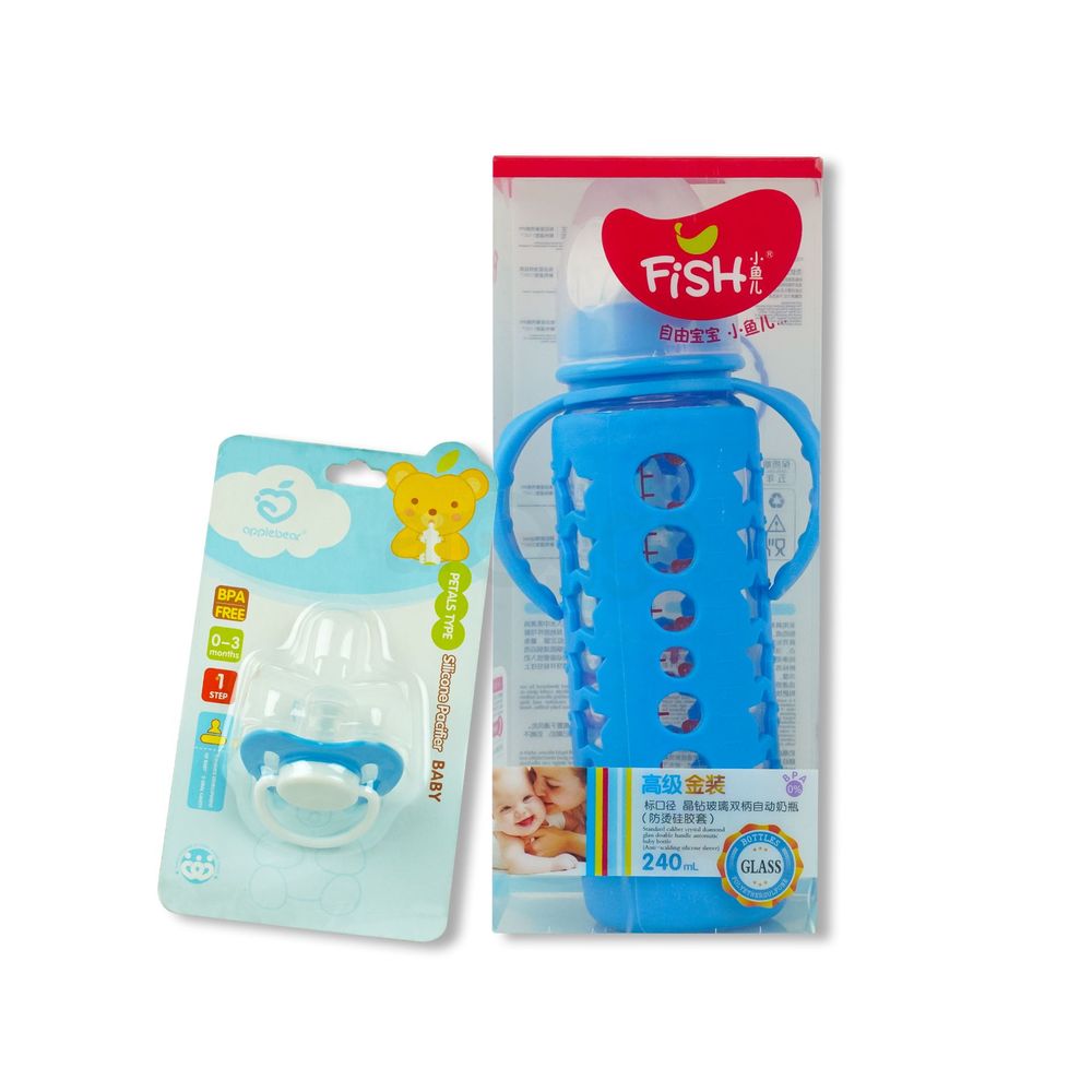 Buy Fish Glass Bottle with Handle (Feeder) 240ml China and get Applebear Silicone Pacifier 1 Step (0-3 Months) Free  