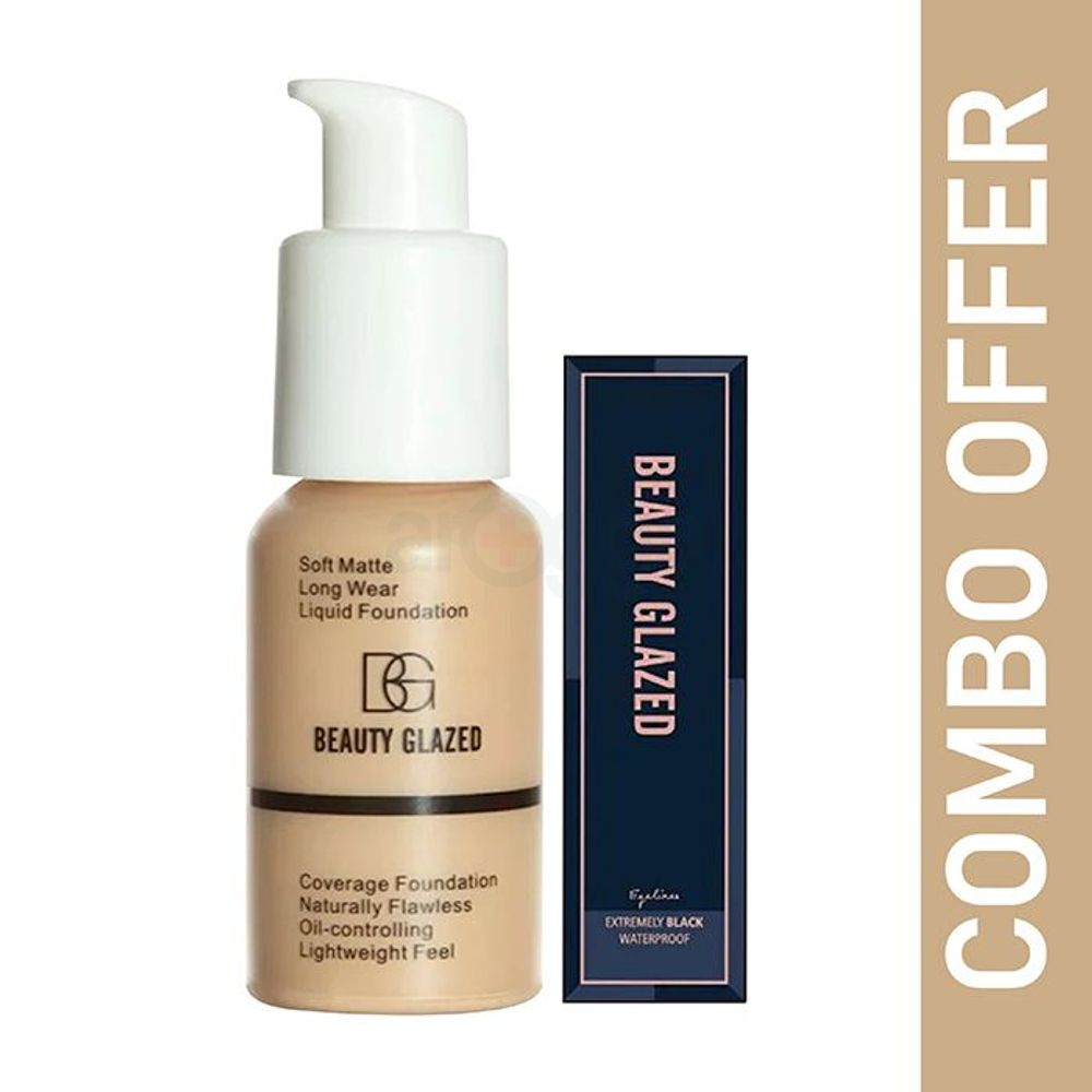 Beauty Glazed Soft Matte Water Proof Liquid Foundation Shade 102 Nude (30ml) and Beauty Glazed Extremely Black Waterproof Eyeliner B68 (1g)   