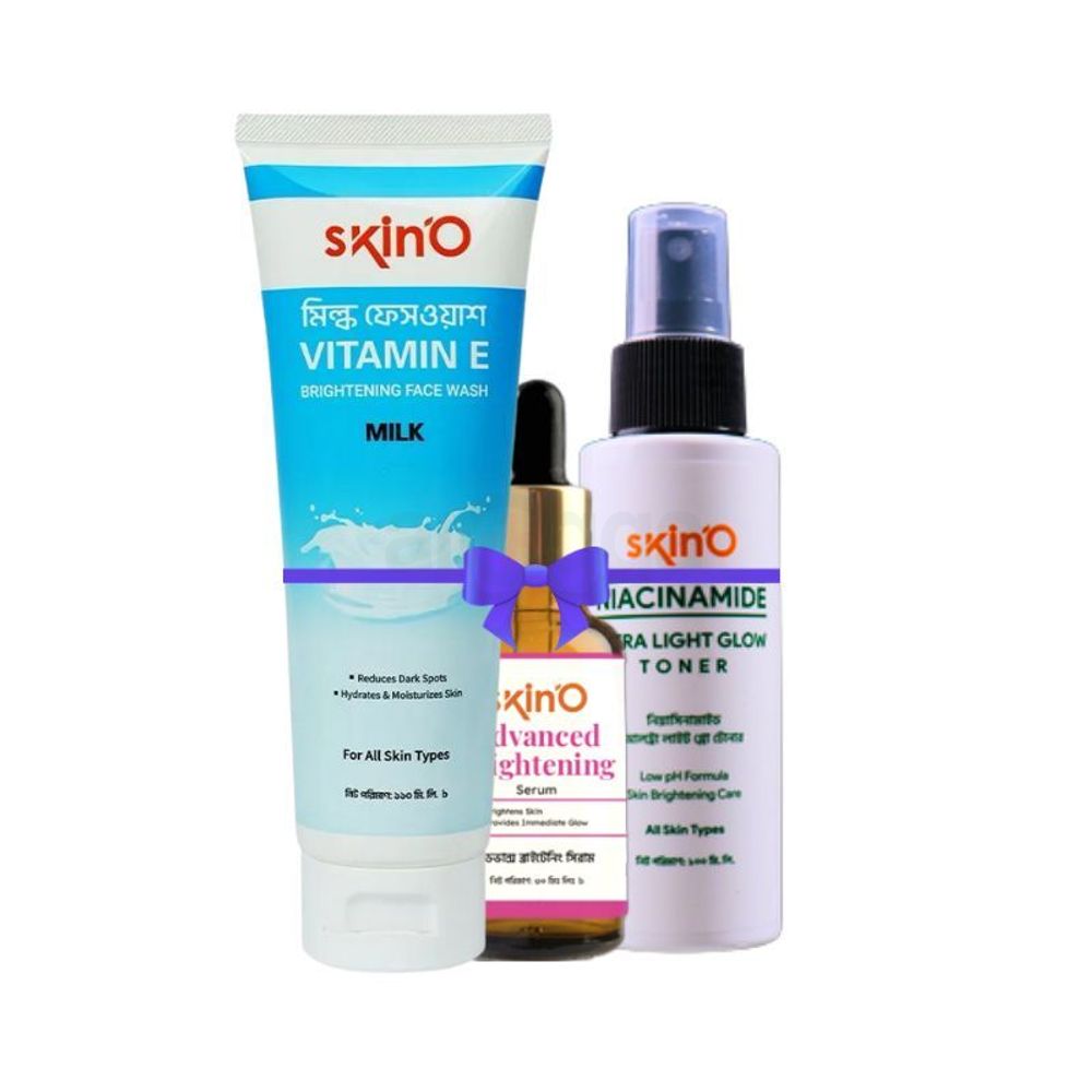 Skino Vitamin E Brightening Facewash (Milk) 110ml and Skino Advanced Brightening Serum 30ml and Skino Niacinamide Ultra Light Glow Toner 100ml Combo  