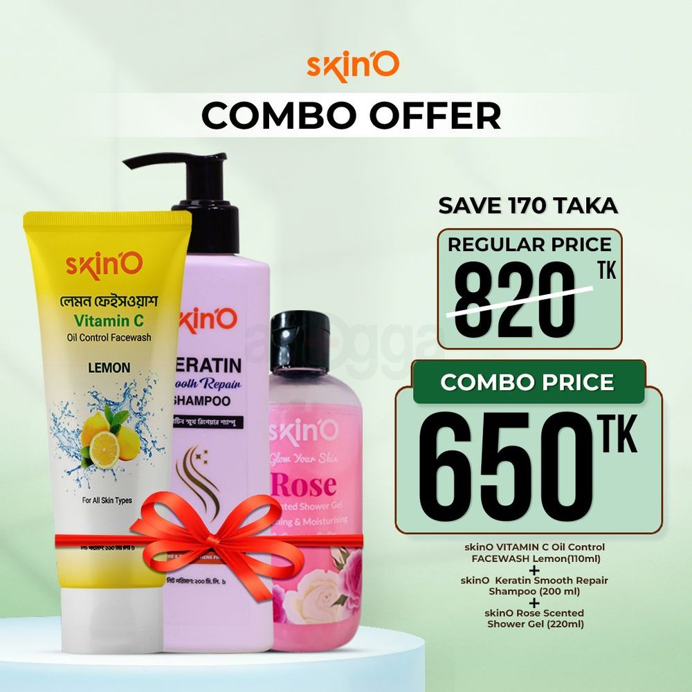 Skino Keratin Smooth Repair Shampoo 200 ml and Skino Vitamin C Oil Control Facewash (Lemon) 110ml and Skino Rose Scented Shower Gel 220ml  