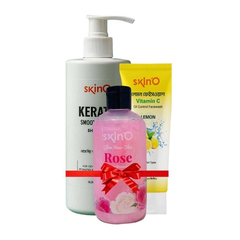 Skino Keratin Smooth Repair Shampoo 200 ml and Skino Vitamin C Oil Control Facewash (Lemon) 110ml and Skino Rose Scented Shower Gel 220ml  