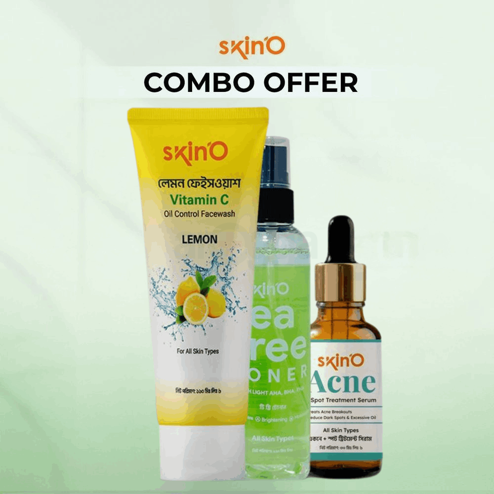 Skino Tea Tree Toner with (LIGHT AHA,BHA,PHA) 100ml and Skino Acne + Spot Treatment Serum 30ml and Skino Vitamin C Oil Control Facewash (Lemon) 110ml  
