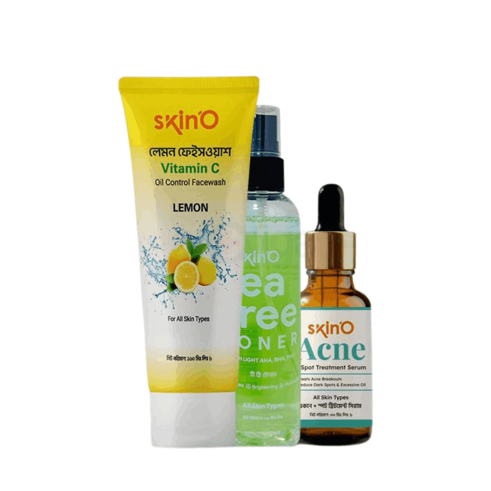 Skino Tea Tree Toner with (LIGHT AHA,BHA,PHA) 100ml and Skino Acne + Spot Treatment Serum 30ml and Skino Vitamin C Oil Control Facewash (Lemon) 110ml  