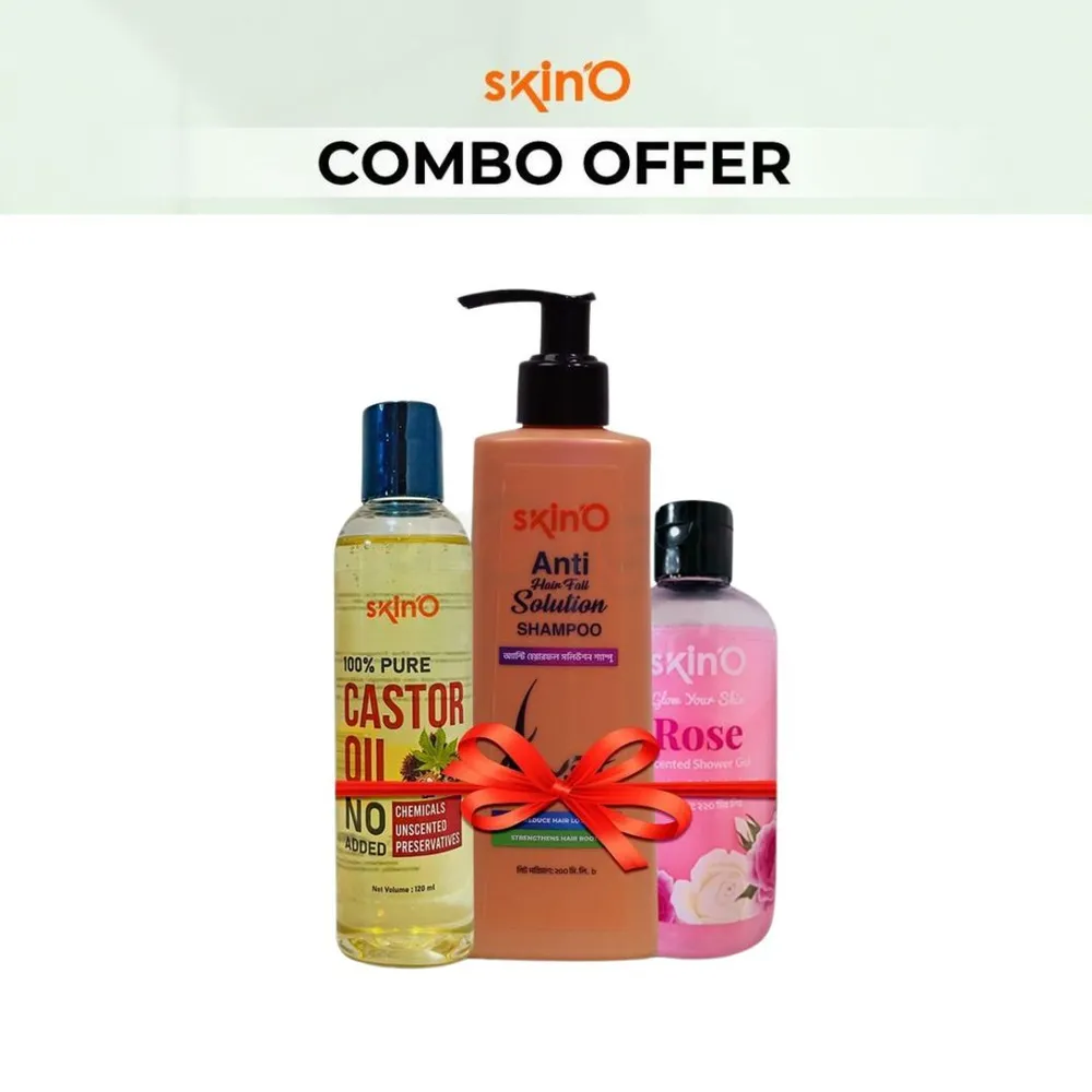 Skino Anti Hair Fall Solution Shampoo 200 ml and Skino 100% Pure Castor Oil 100ml and Skino Glow Your Skin Rose Scented Shower Gel 220ml  