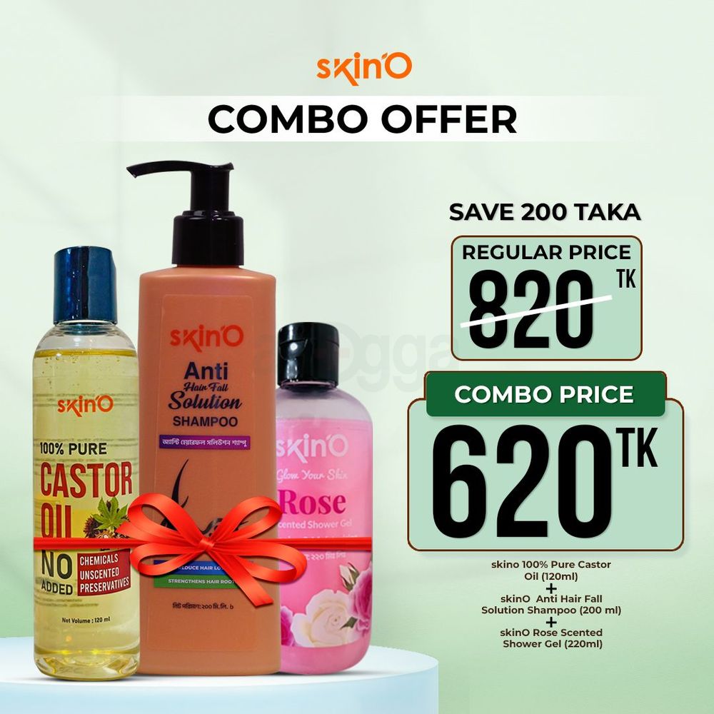 Skino Anti Hair Fall Solution Shampoo 200 ml and Skino 100% Pure Castor Oil 120ml and Skino Glow Your Skin Rose Scented Shower Gel 220ml  