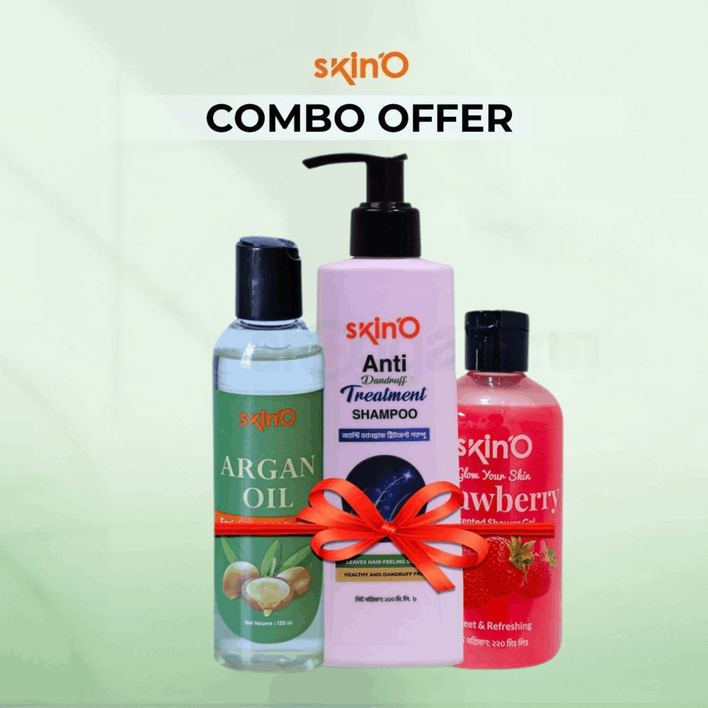 skinO Anti Dandruff Treatment Shampoo 200ml and skinO Argan Oil Enriched with Vitamin E 100ml and skin'O Glow Your Skin Strawberry Scented Shower Gel 220ml  