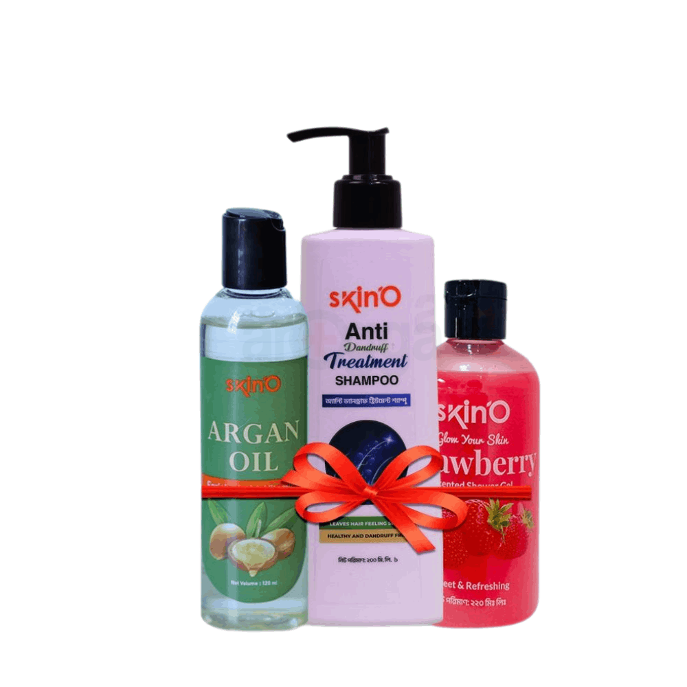 skinO Anti Dandruff Treatment Shampoo 200ml and skinO Argan Oil Enriched with Vitamin E 100ml and skin'O Glow Your Skin Strawberry Scented Shower Gel 220ml  