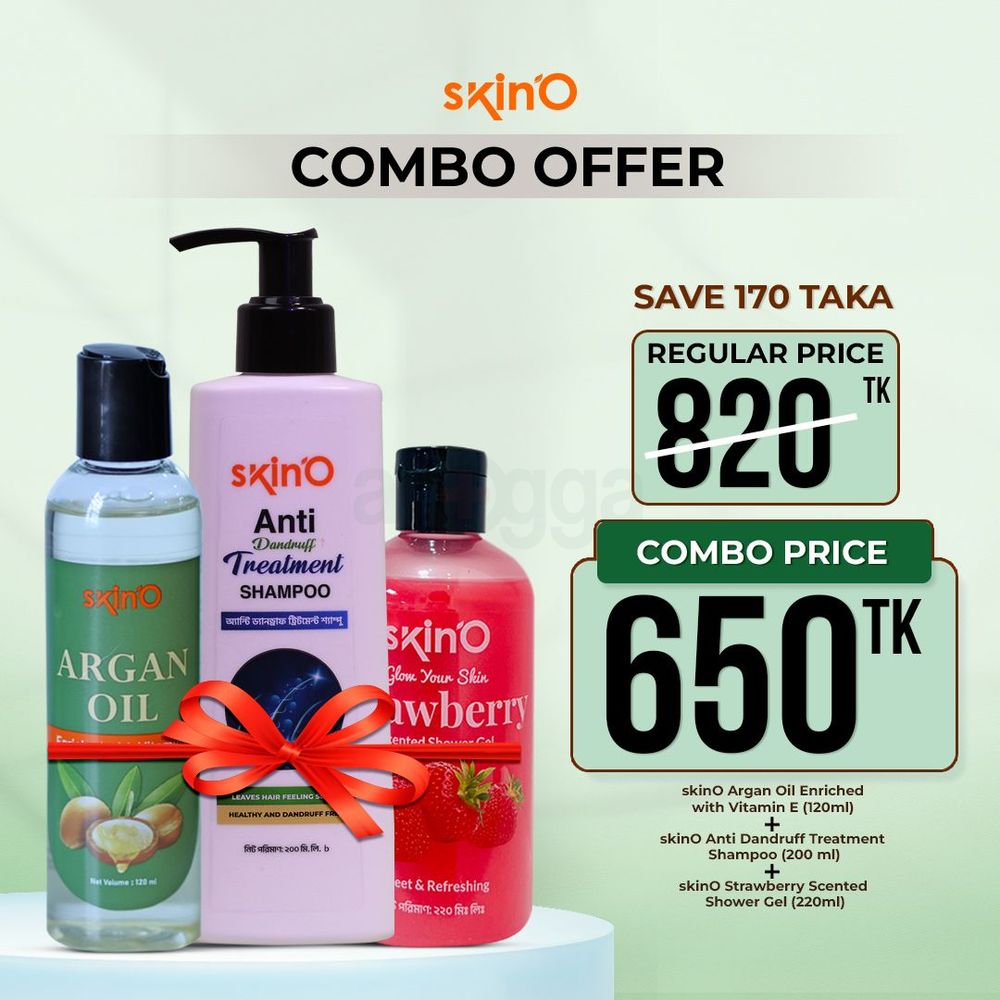 skinO Anti Dandruff Treatment Shampoo 200ml and skinO Argan Oil Enriched with Vitamin E 120ml and skin'O Glow Your Skin Strawberry Scented Shower Gel 220ml  