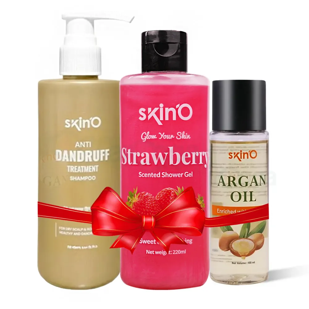 skinO Anti Dandruff Treatment Shampoo 200ml and skinO Argan Oil Enriched with Vitamin E 100ml and skin'O Glow Your Skin Strawberry Scented Shower Gel 220ml  