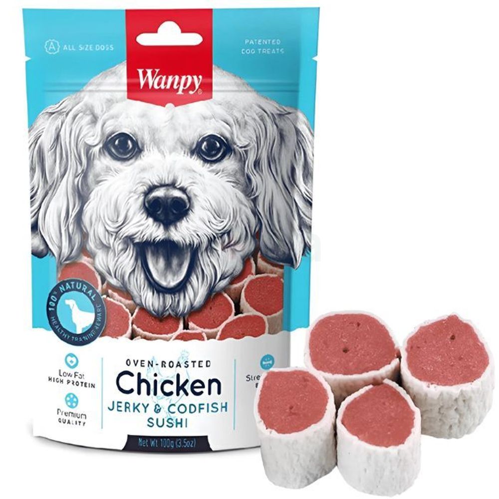 Wanpy Dog Treat Oven Roasted chicken Jerky & Cod Fish Sushi 100g
  
