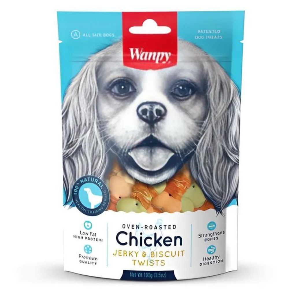 Wanpy Dog Treat Oven Roasted chicken Jerky & Biscuit Twists 100g  