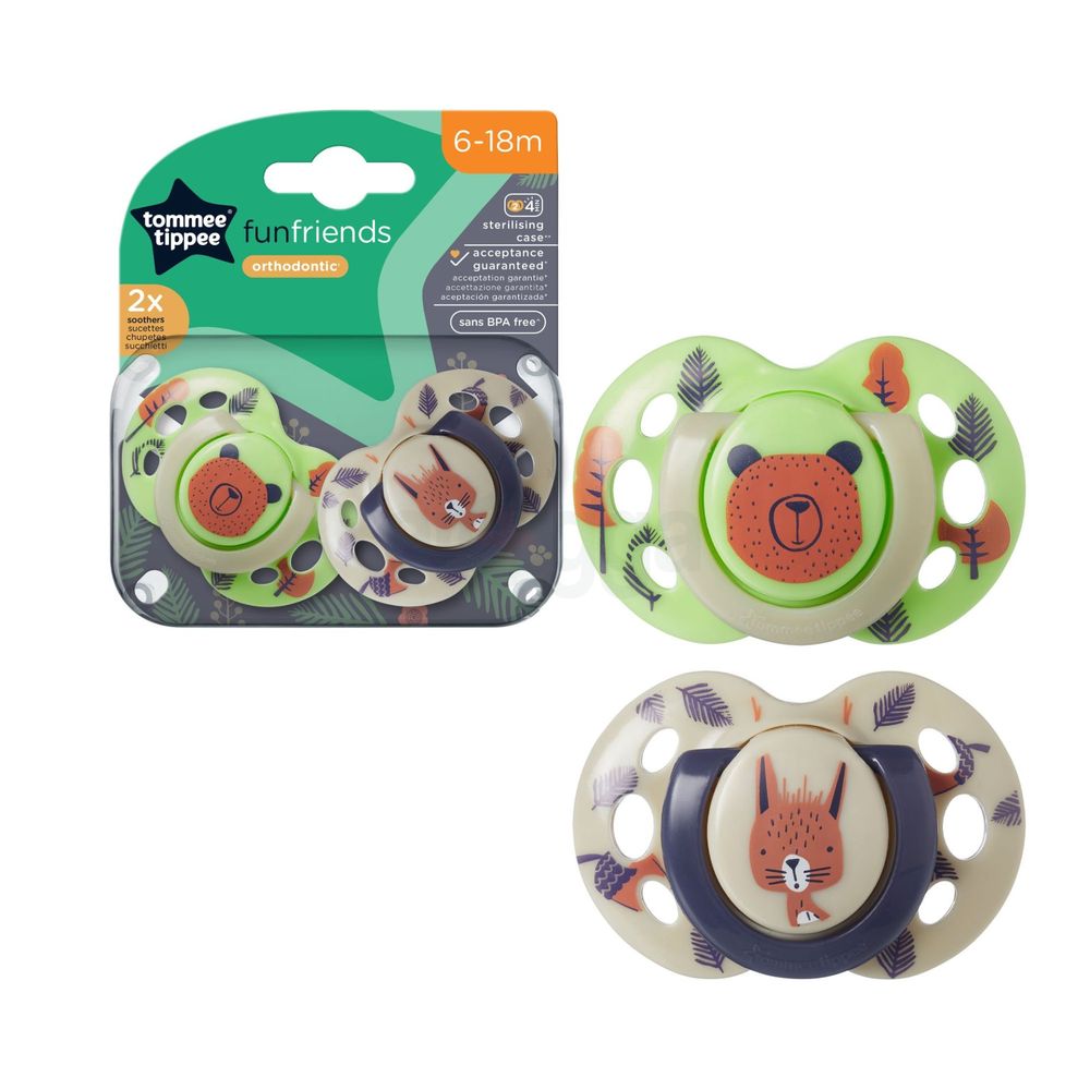 Tommee Tippee Fun Friends Orthodontic Steriliser Soothers (pacifier) 6-18m set of 2  