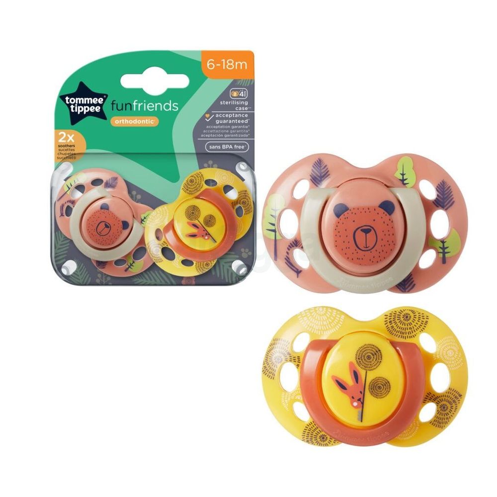 Tommee Tippee Fun Friends Orthodontic Steriliser Soothers (pacifier) 6-18m set of 2  