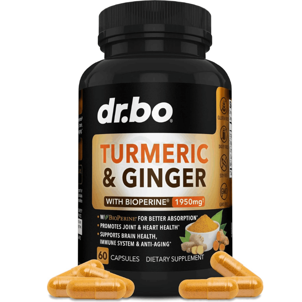 Dr.bo Turmeric & Ginger with BioPerine Supplement - Joint Support Supplements & 1950mg Organic Tumeric and Ginger BioPerine Black Pepper Extract Pills - Turmeric and Ginger Supplement 60 Capsules  