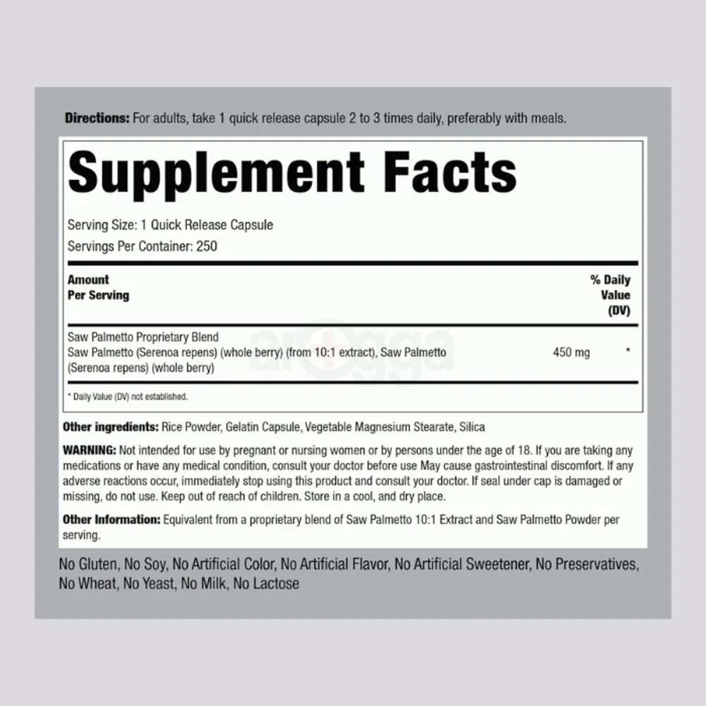 Piping Rock Saw Palmetto 450mg | 250 Capsules  