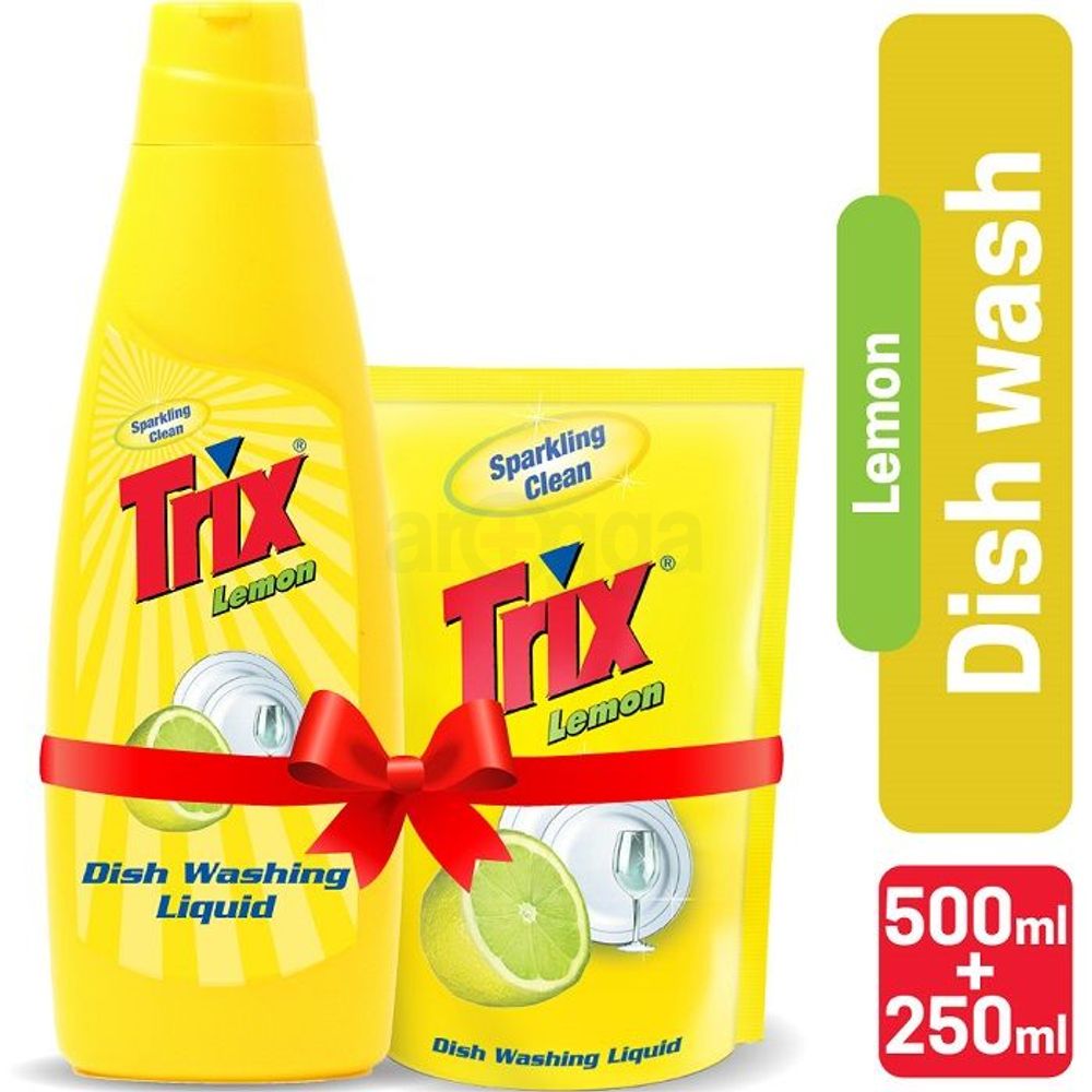 Trix Dishwashing Liquid Lemon Bottle 500ml + 250ml Poly Combo Pack  