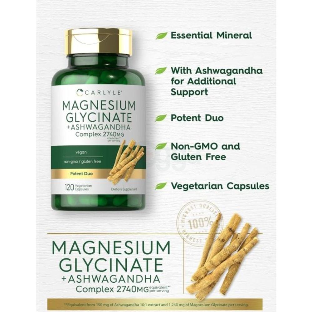 Carlyle Magnesium Glycinate with Ashwagandha 2740mg Complex 120 Capsules  