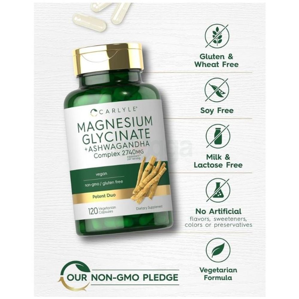 Carlyle Magnesium Glycinate with Ashwagandha 2740mg Complex 120 Capsules  