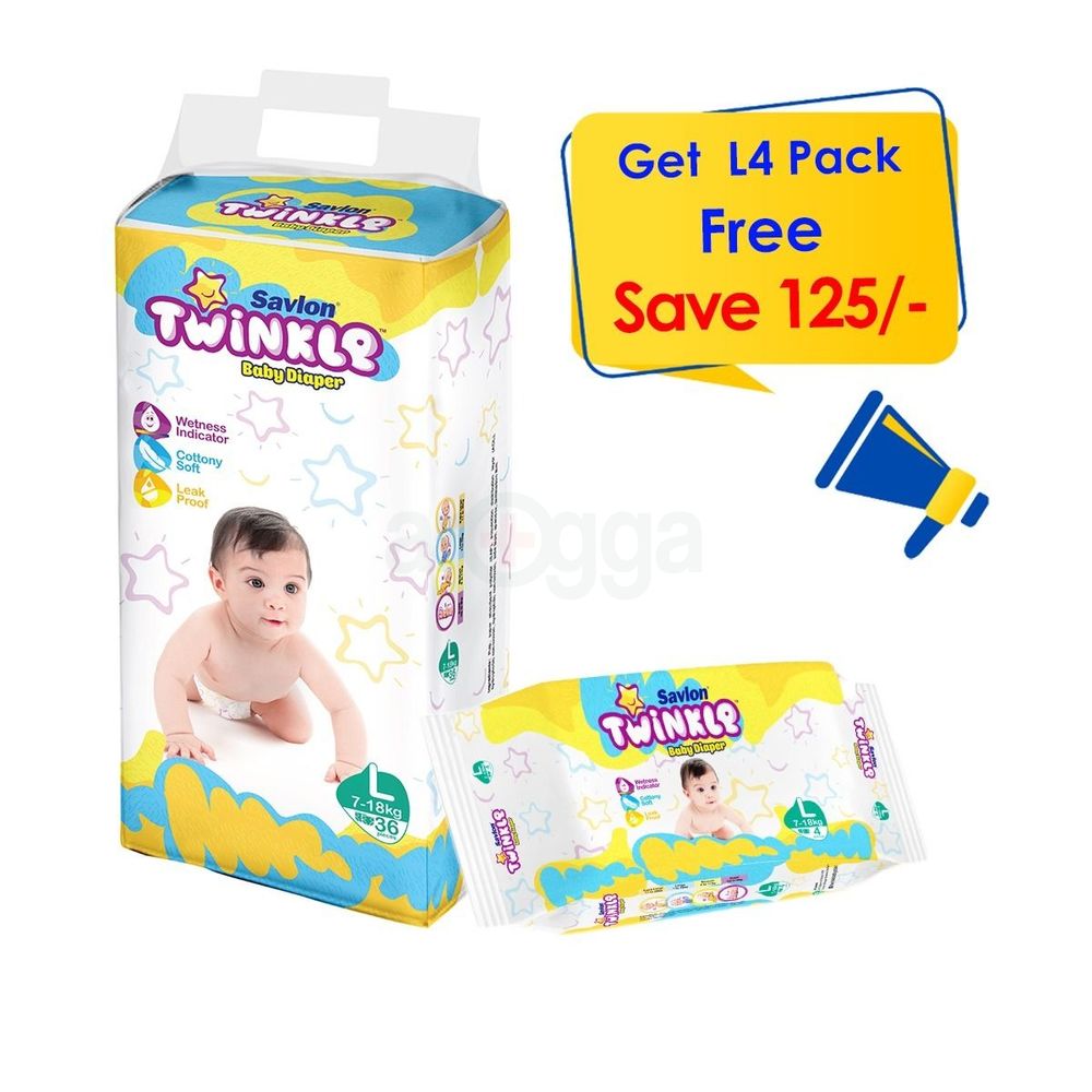 Buy Savlon Twinkle Baby Belt Diaper Large 36pcs (7-18 kg) Get Large 4pcs pack Free  
