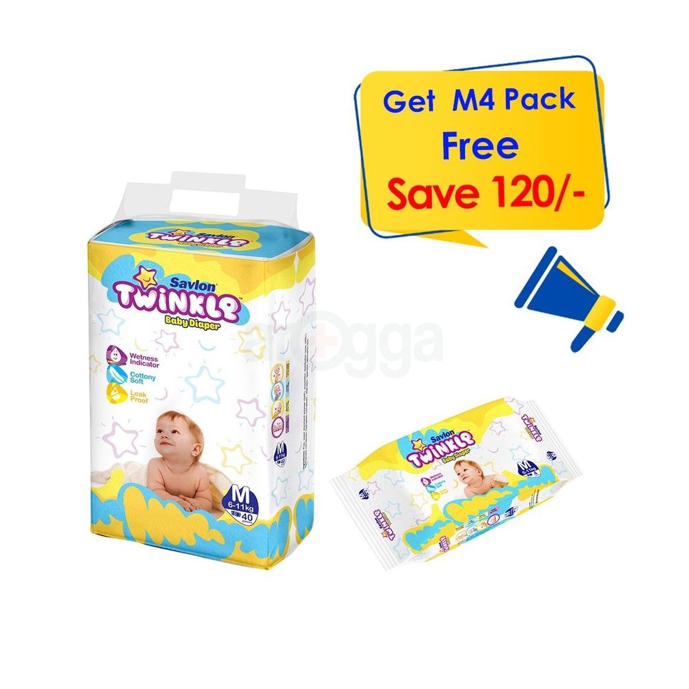 Buy Savlon Twinkle Baby Belt Diaper Medium 40pcs (6-11 kg) Get Medium 4pcs pack Free  
