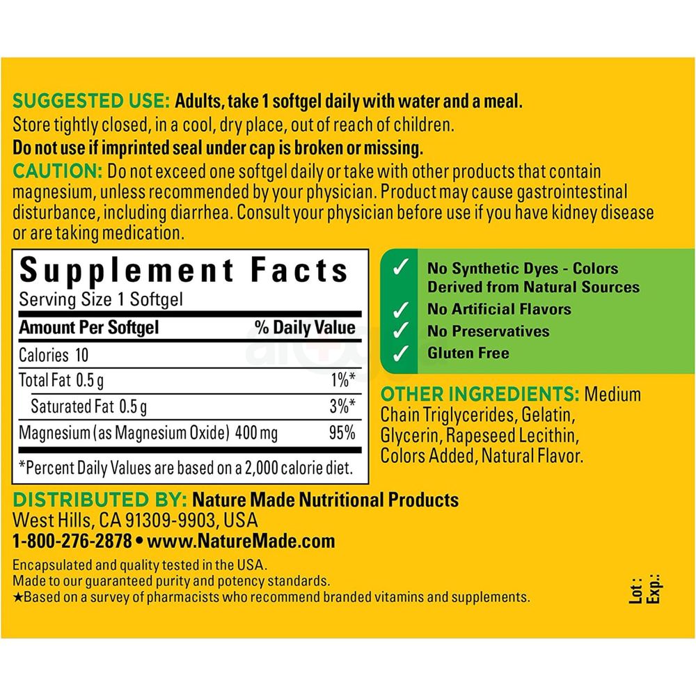 Nature Made Extra Strength Magnesium Oxide 400 mg, 60 Softgels  
