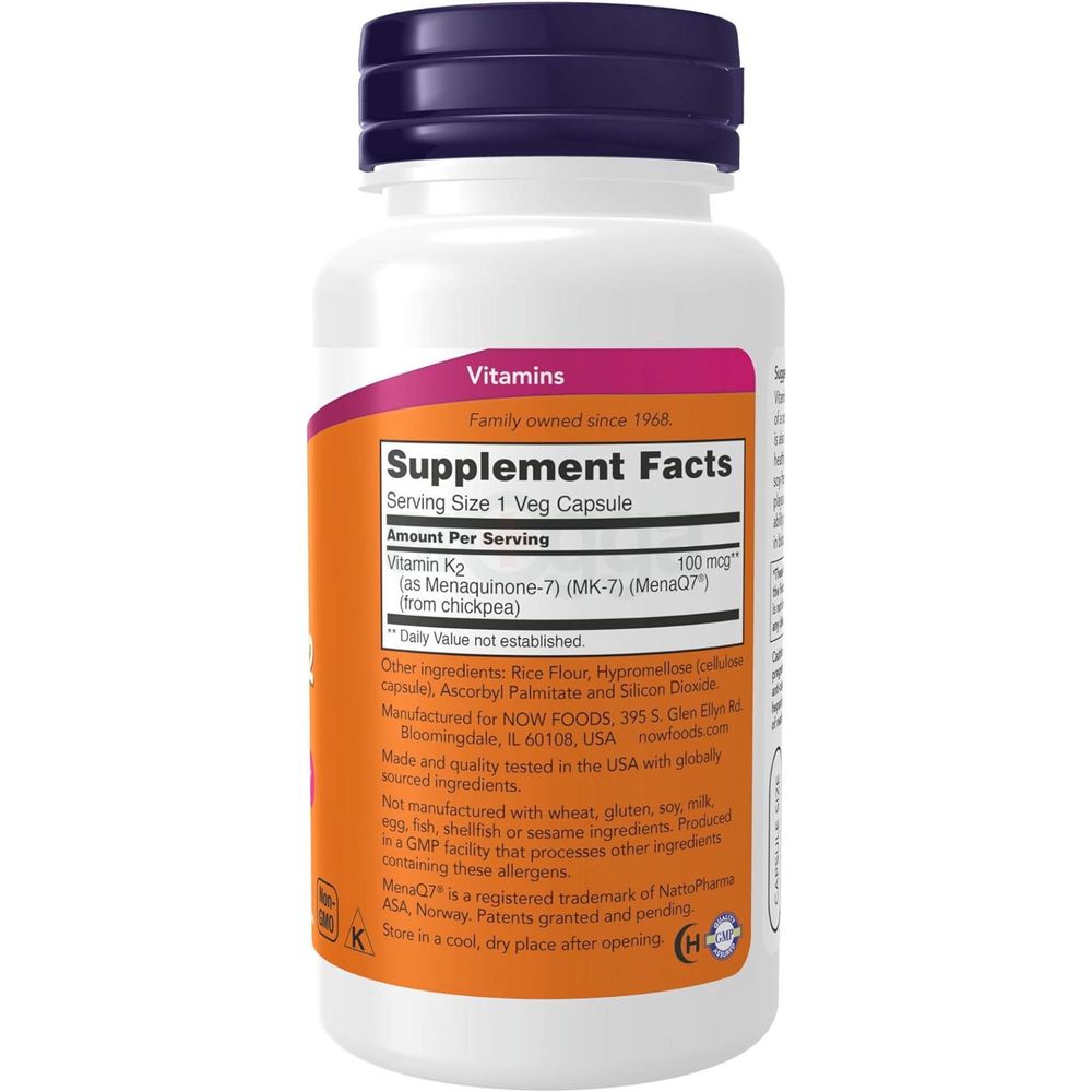 NOW Supplements, MK-7 Vitamin K-2 100 mcg, Cardiovascular Support*, Supports Bone Health*, 120 Veg Capsules  
