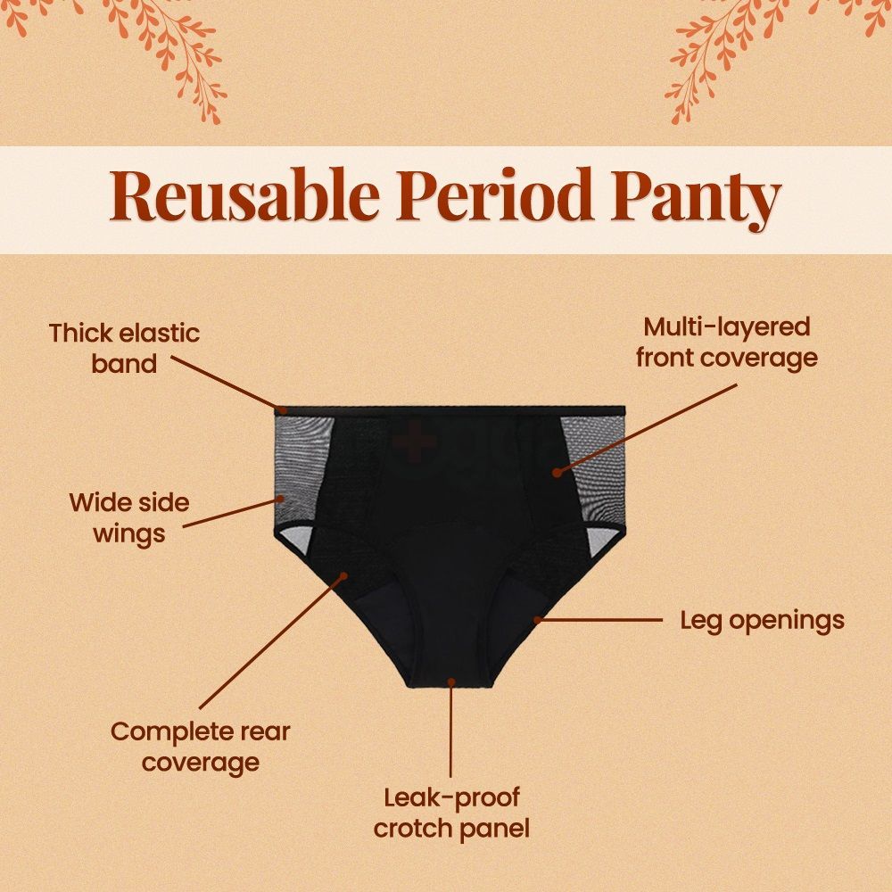 Floren Reusable Leakproof Period Panty Black - (M Size 29.1-31.1)  