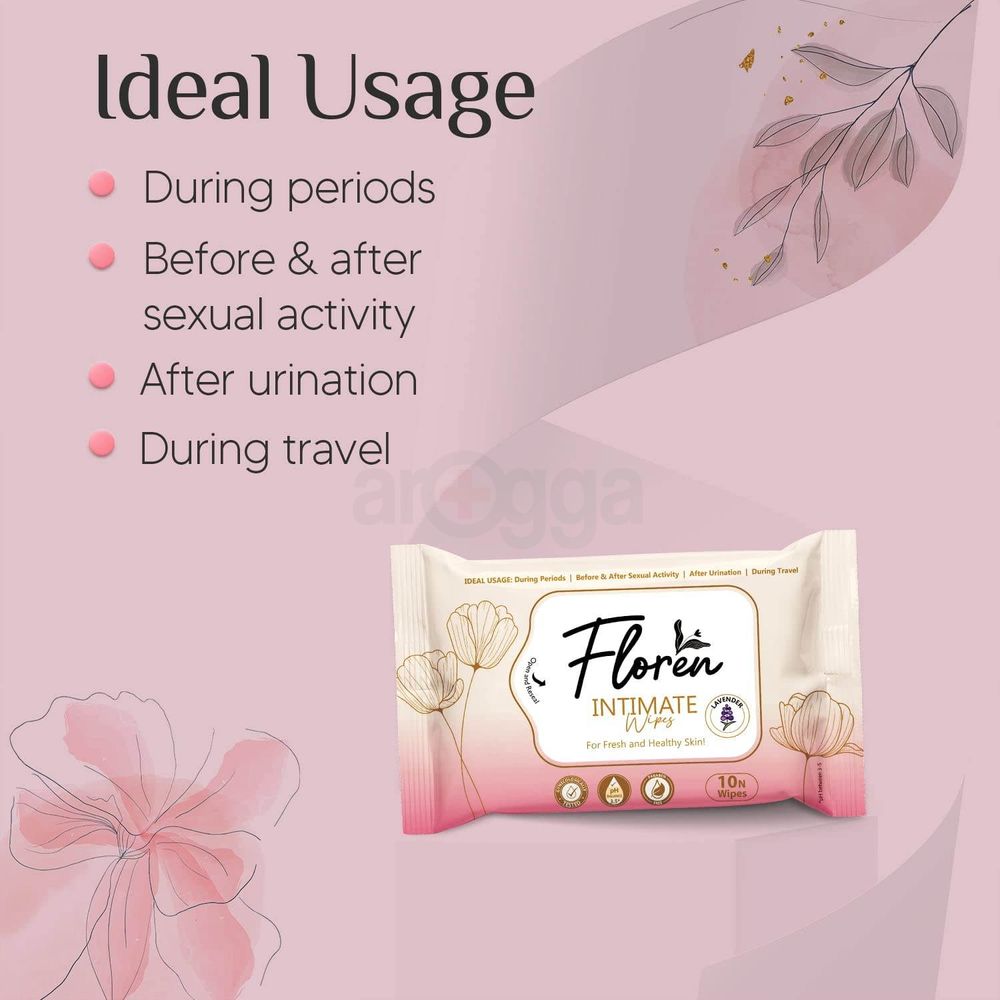 Floren Intimate Lavender 10 Pcs Wipes Protects Against Odour, Dryness, Itchiness & Irritation, Balances pH for Daily Use  