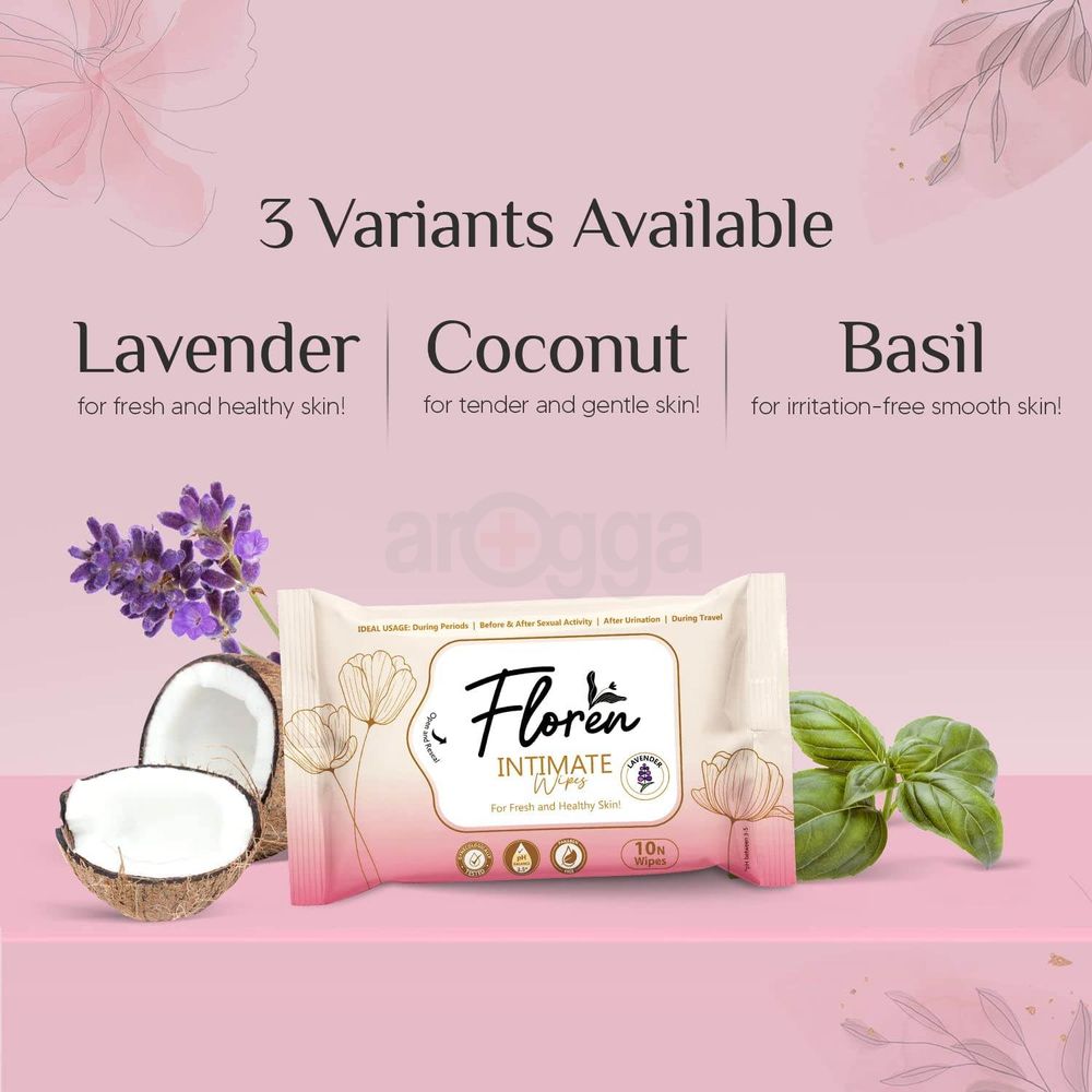 Floren Intimate Lavender 10 Pcs Wipes Protects Against Odour, Dryness, Itchiness & Irritation, Balances pH for Daily Use  