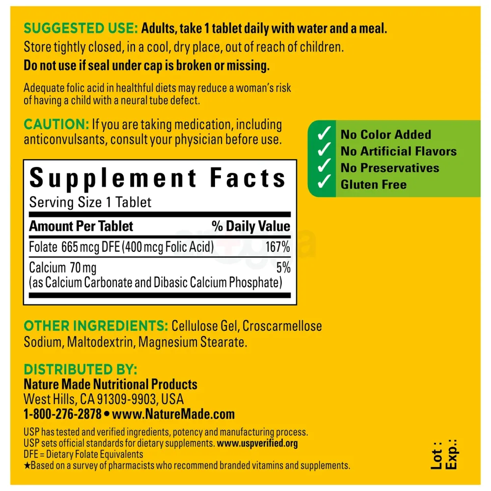 Nature Made Folic Acid 400 mcg (665 mcg DFE) Tablets, Dietary Supplement, 250 Count  