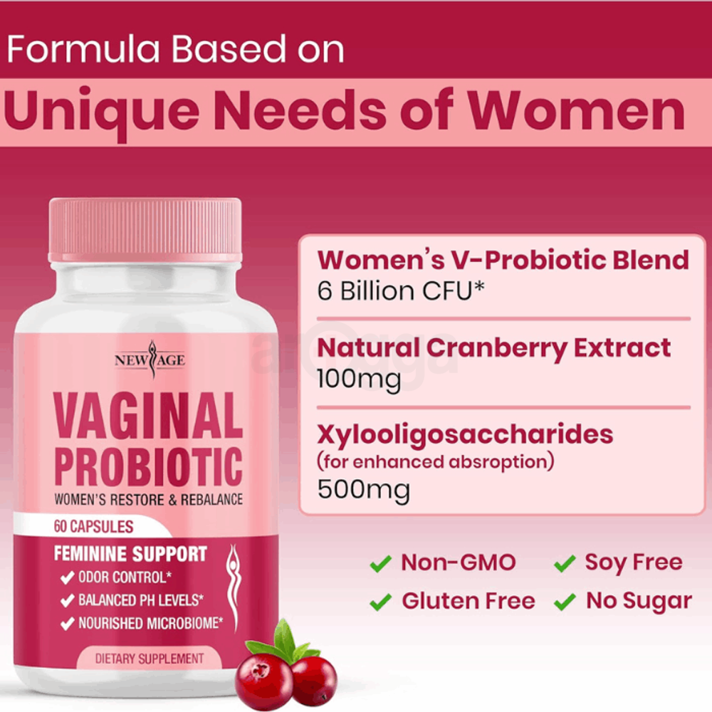 NEW AGE Vaginal Probiotics for Women with Prebiotics, Cranberry Extract, and a Lactobacillus Probiotic Blend, Supports Healthy pH Balance, Odor Control, Vaginal Flora - 60 Capsules  