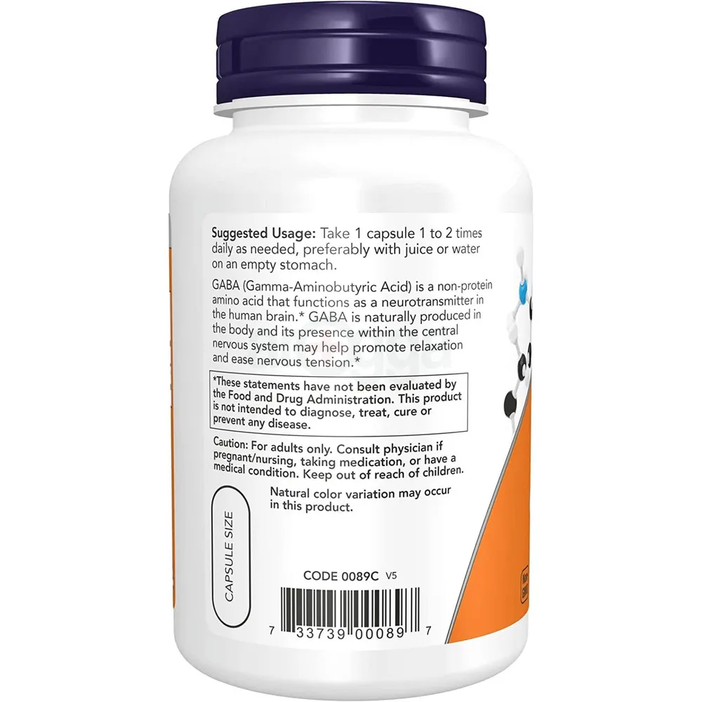 NOW Supplements, GABA (Gamma-Aminobutyric Acid) 750mg, Neurotransmitter Support*, 100 Veg Capsules  