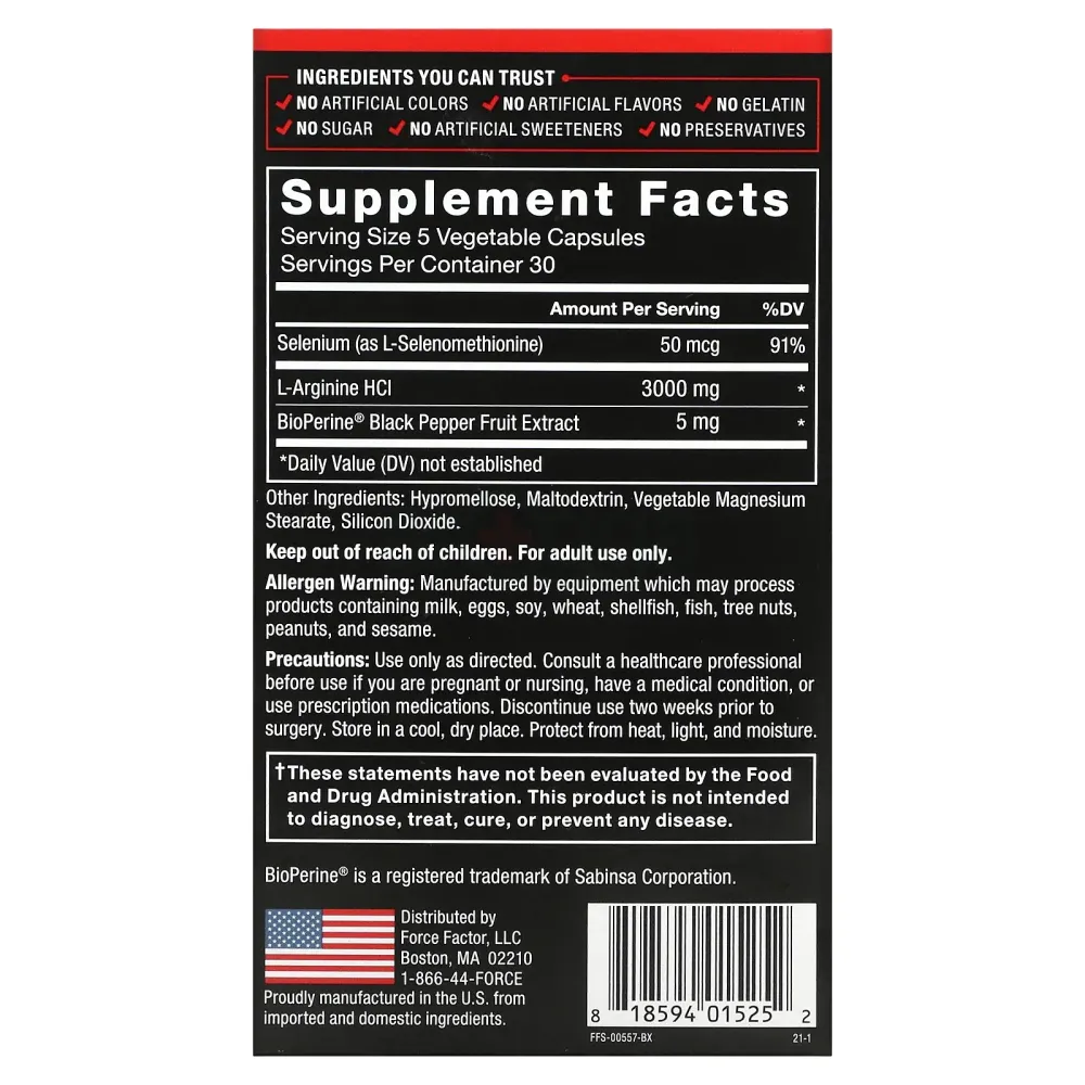 Force Factor L-Arginine Nitric Oxide Supplement with BioPerine to Help Build Muscle and Support Stronger Blood Flow, Circulation, L-Arginine 3000mg, 3g, 150 Capsules  