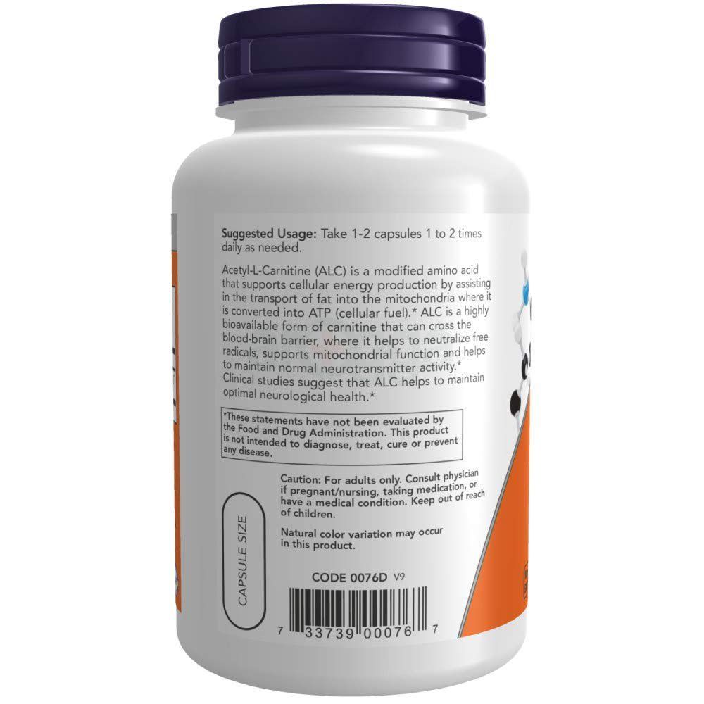 NOW Supplements, Acetyl-L Carnitine 500 mg, Amino Acid, Brain And Nerve Cell Function*, 100 Veg Capsules  