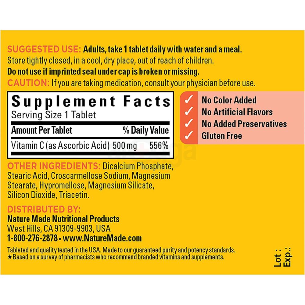 Nature Made Vitamin-C 500mg Dietary Supplement for Immune Support 100 Tablets  