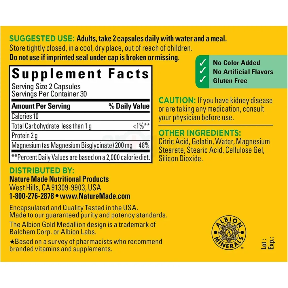 Nature Made Magnesium Glycinate 200 mg Per Serving Capsules, Dietary Supplement, 60 Count  