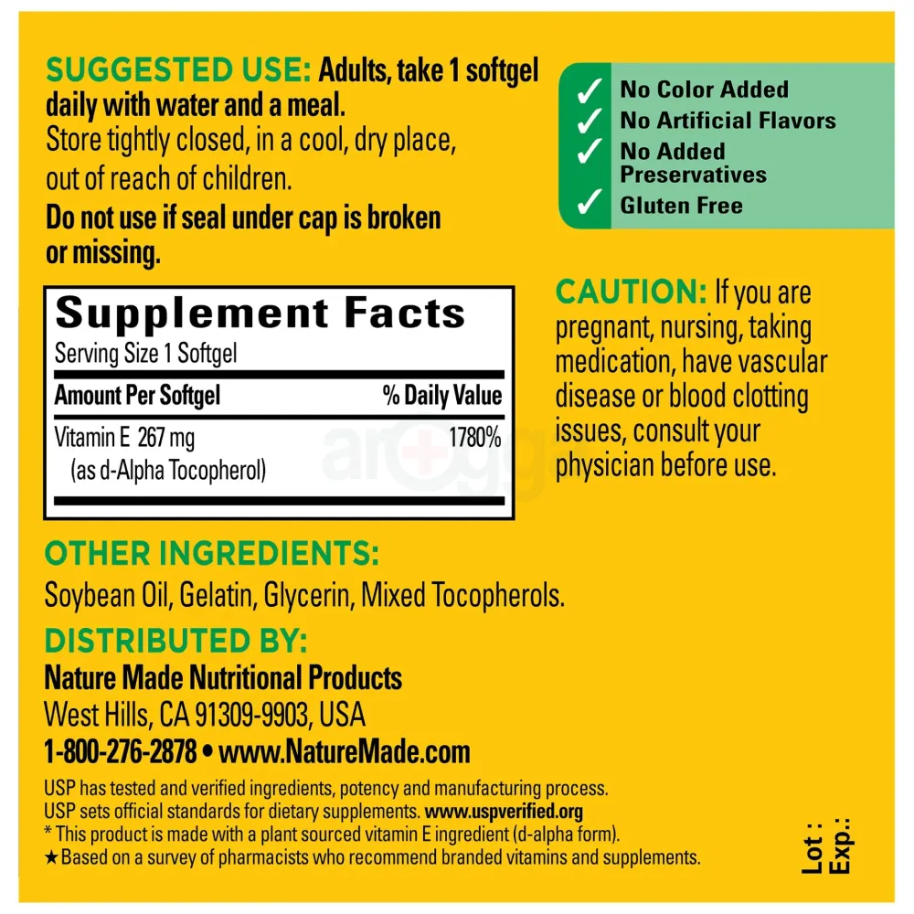 Nature Made Vitamin E 267 mg (400 IU) d-Alpha Softgels, Dietary Supplement, 100 Count  