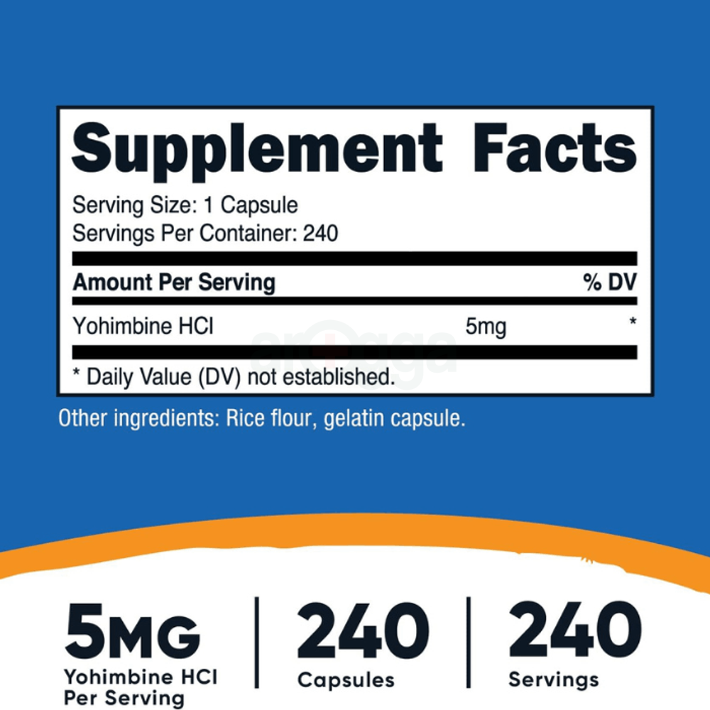 Nutricost Yohimbine HCl 5mg,  Extra Strength - Gluten Free 240 Capsules  